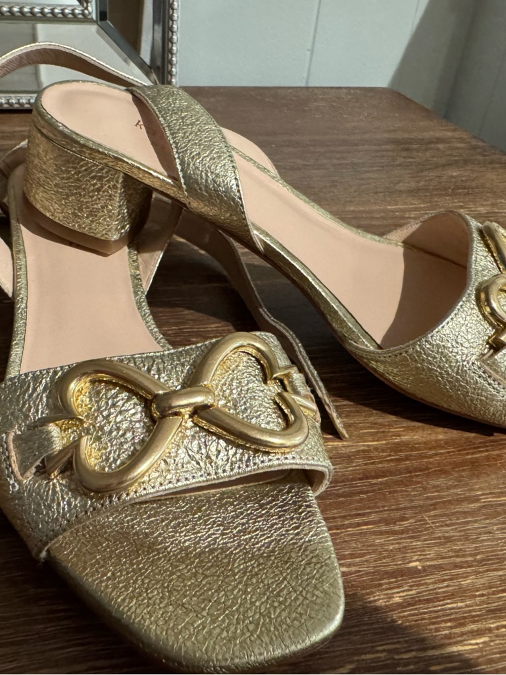 Kate Spade - Gold Metallic Low Block Heel Sandals with Decorative Buckle